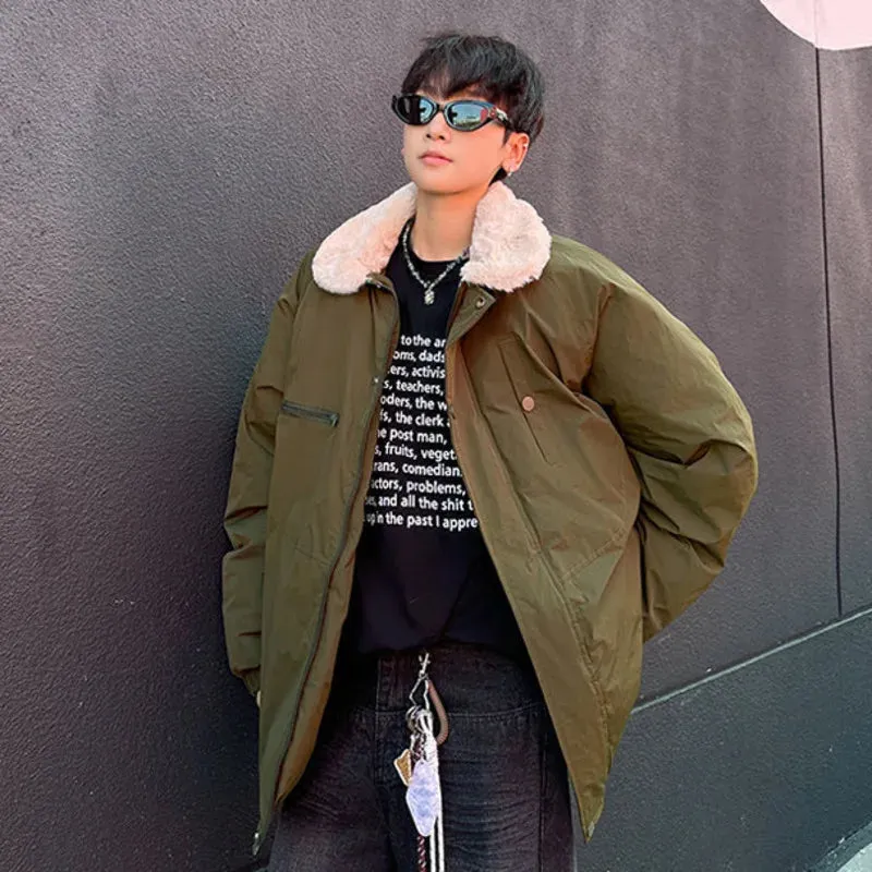 American Style Men's Padded Jackets Turn-down Collar Lamb Wool Zipper Patchwork Thickened Casual Male Coats Tide 9C9279