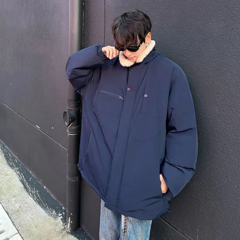 American Style Men's Padded Jackets Turn-down Collar Lamb Wool Zipper Patchwork Thickened Casual Male Coats Tide 9C9279