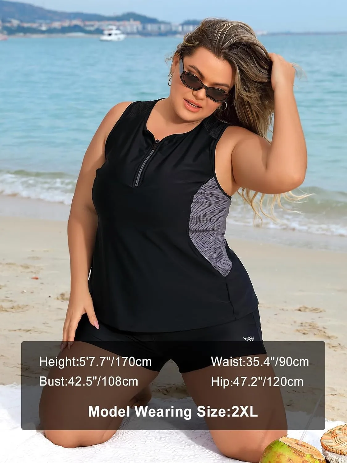 Angel season Plus Size Tankini Swimsuits for Women Zippered Two Piece with Shorts-Recommend Smaller One