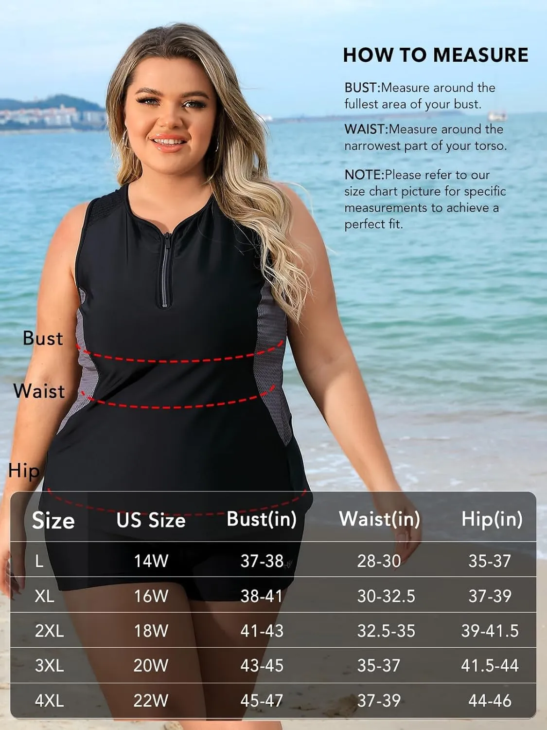 Angel season Plus Size Tankini Swimsuits for Women Zippered Two Piece with Shorts-Recommend Smaller One