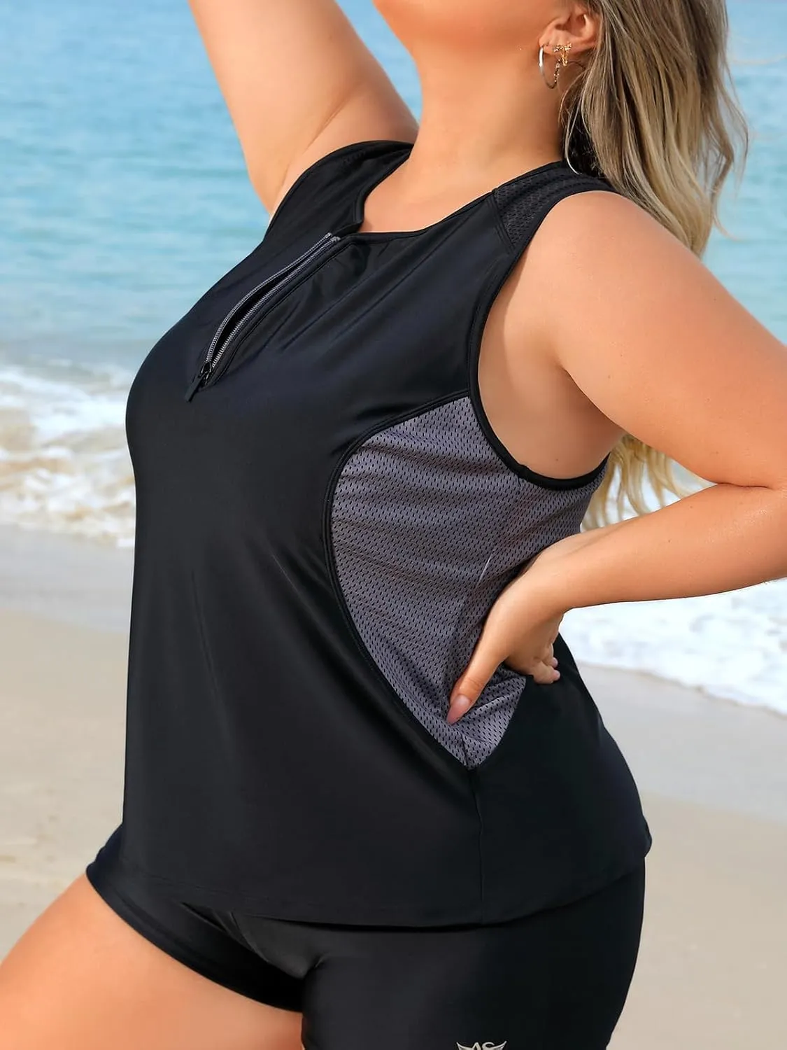 Angel season Plus Size Tankini Swimsuits for Women Zippered Two Piece with Shorts-Recommend Smaller One