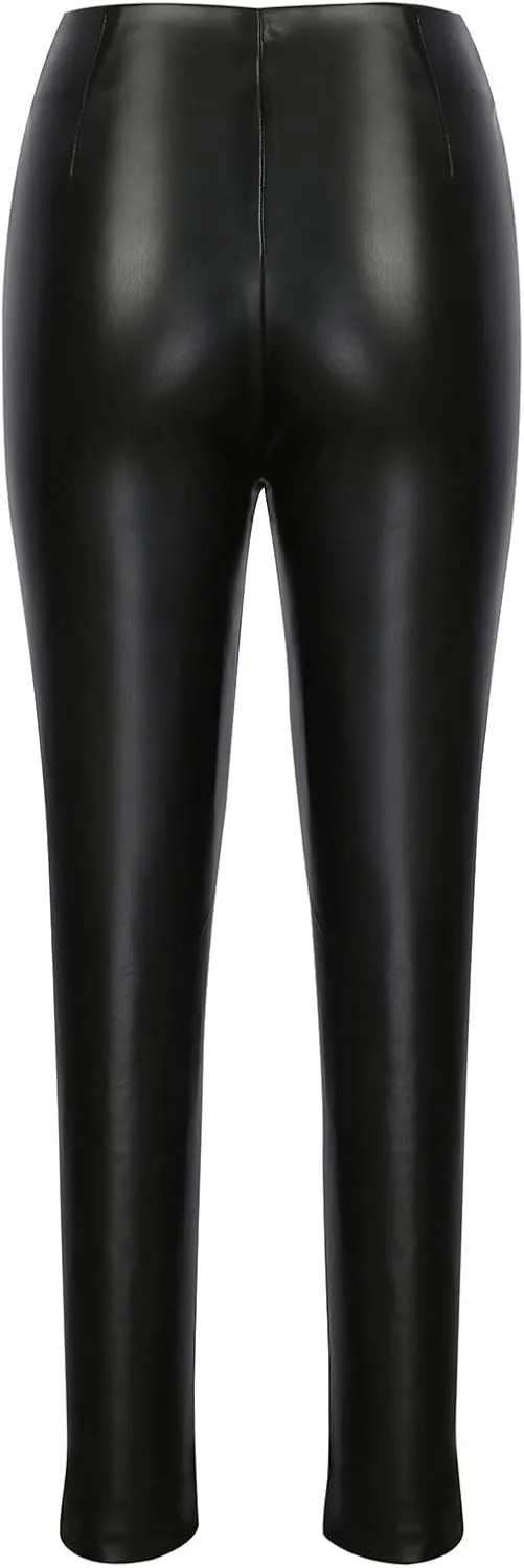 Anjikang Leather Punk Pants for Women High Waist Zipper Stretchy Straight Long Pants Trendy Slimming Skinny Booty Trousers