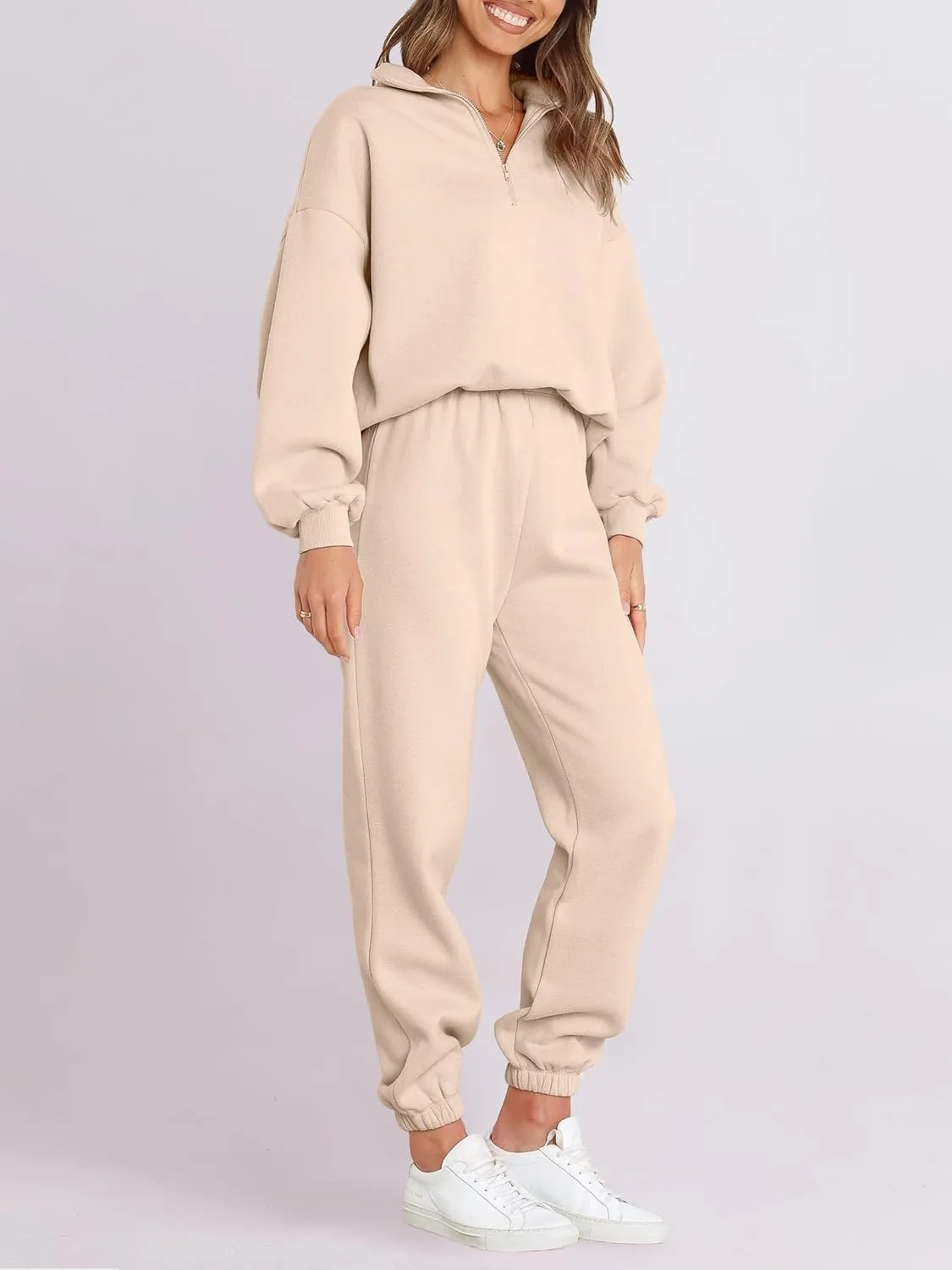 ANRABESS Women 2 Piece Outfits Sweatsuit Oversized Half Zip Sweatshirt Jogger Sweatpants Tracksuit Lounge Set 2025 Clothes