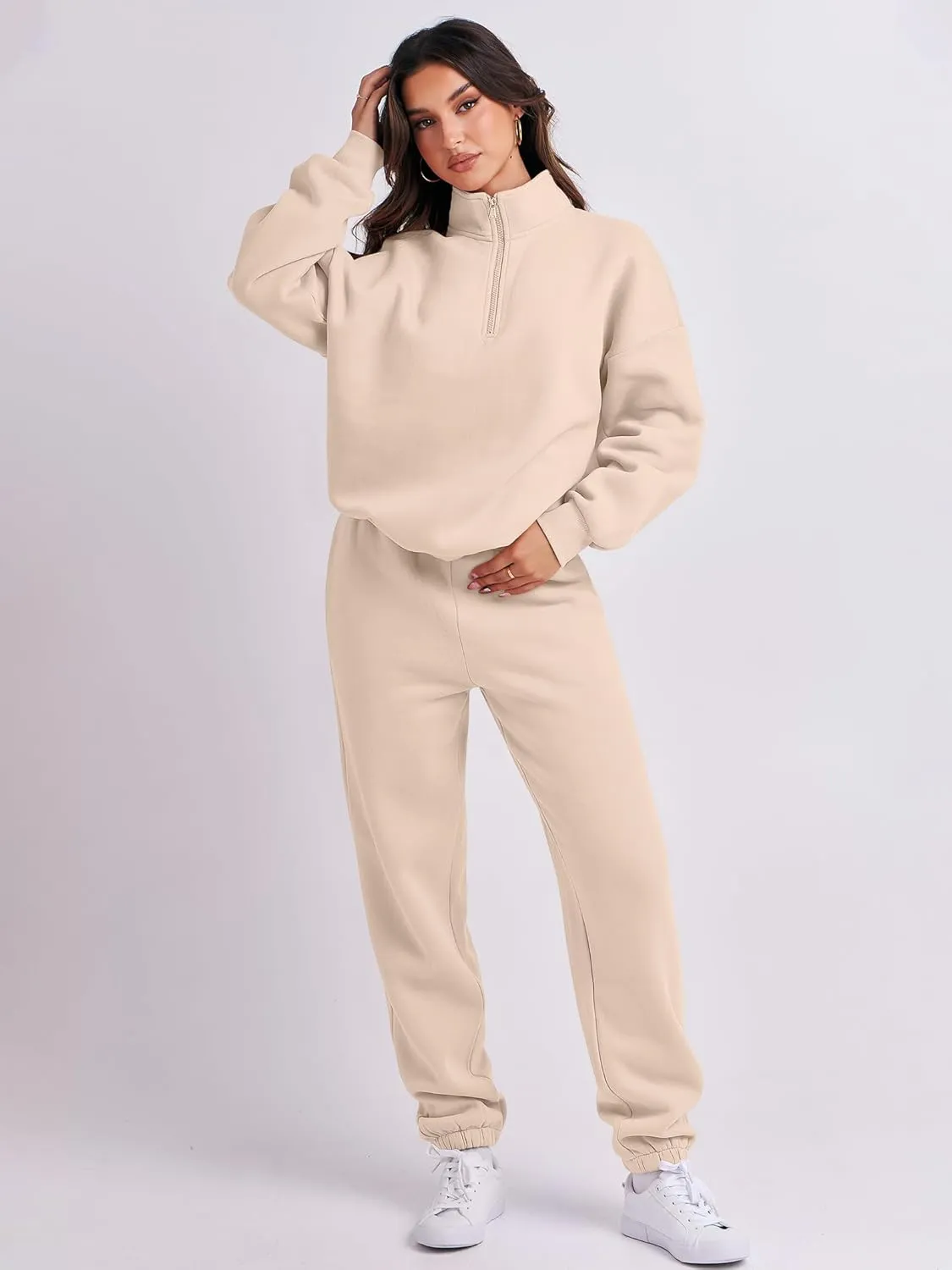 ANRABESS Women 2 Piece Outfits Sweatsuit Oversized Half Zip Sweatshirt Jogger Sweatpants Tracksuit Lounge Set 2025 Clothes
