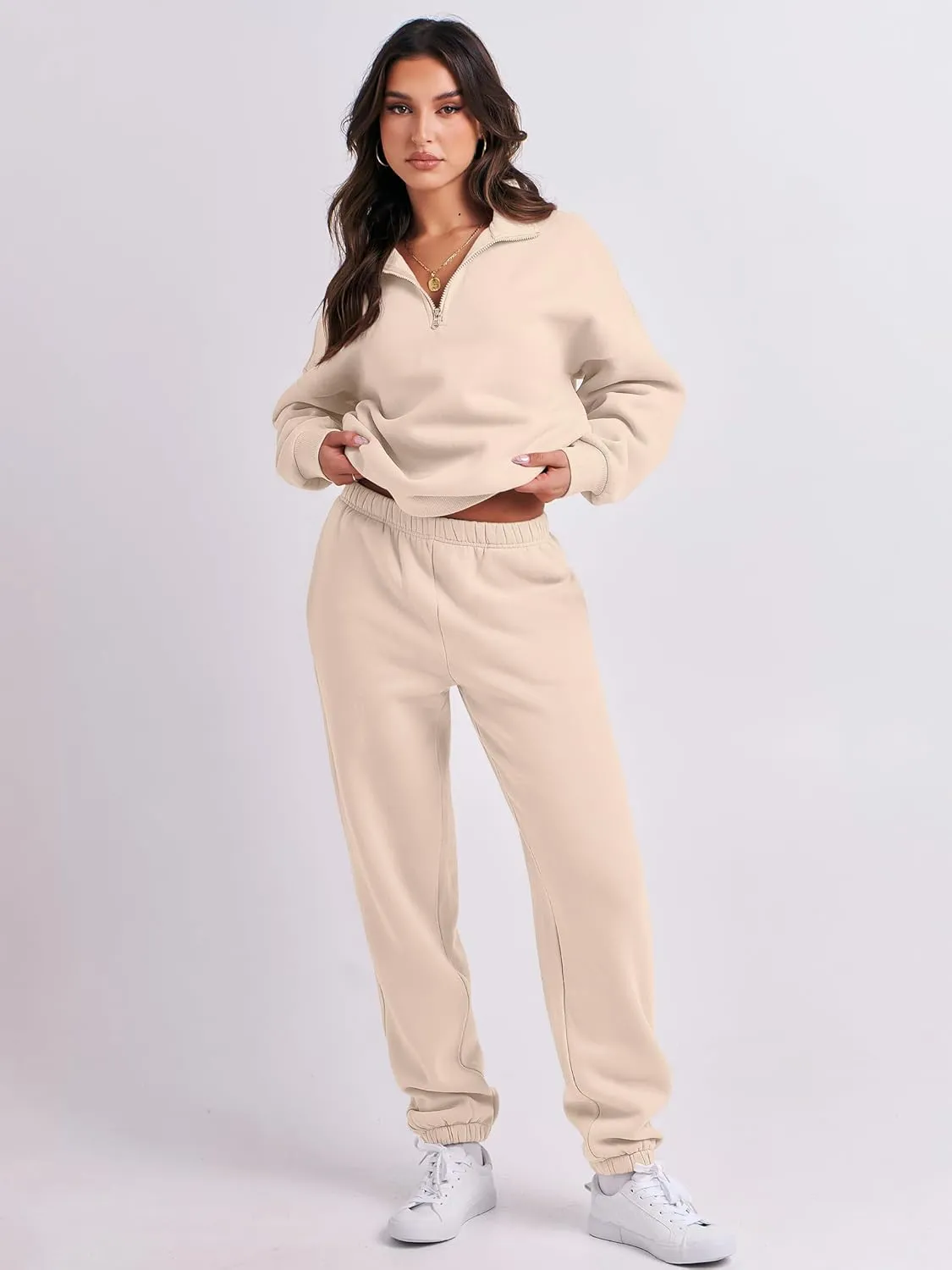 ANRABESS Women 2 Piece Outfits Sweatsuit Oversized Half Zip Sweatshirt Jogger Sweatpants Tracksuit Lounge Set 2025 Clothes