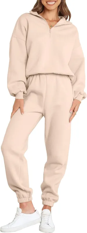 ANRABESS Women 2 Piece Outfits Sweatsuit Oversized Half Zip Sweatshirt Jogger Sweatpants Tracksuit Lounge Set 2025 Clothes