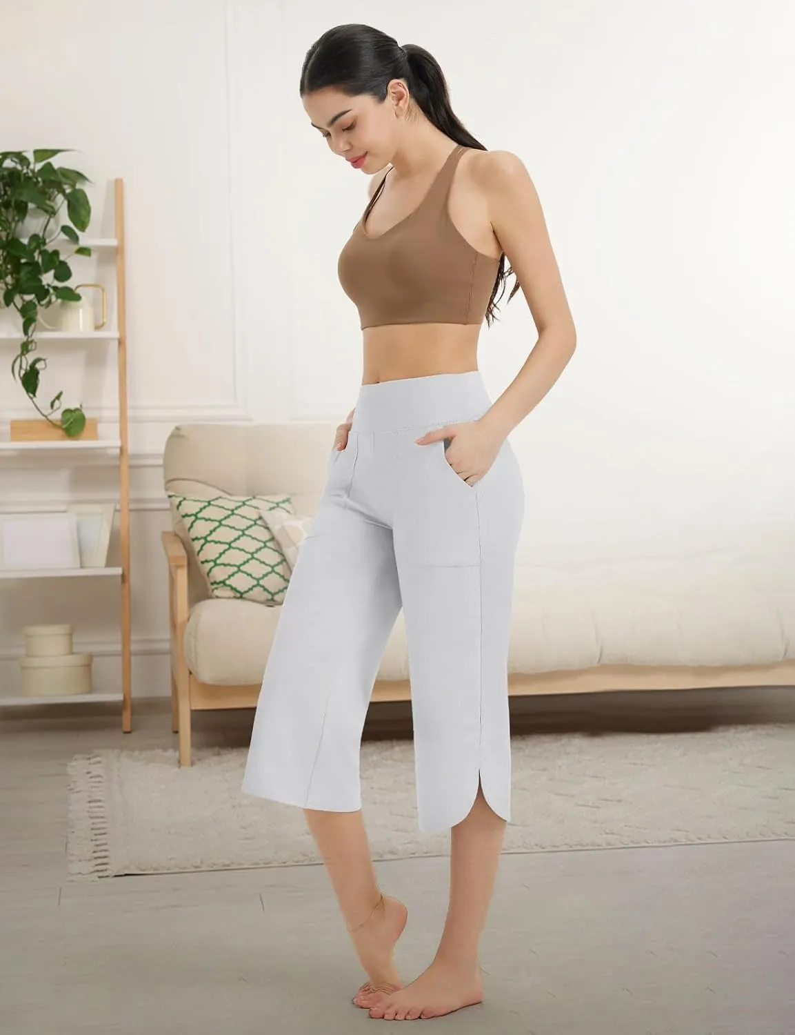 baleaf Capris Pants for Women Yoga Capri Leggings with Pockets Loose High Waist Crop Workout Pants Wide Leg Casual Summer