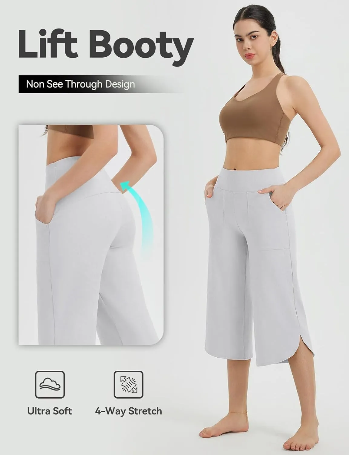 baleaf Capris Pants for Women Yoga Capri Leggings with Pockets Loose High Waist Crop Workout Pants Wide Leg Casual Summer