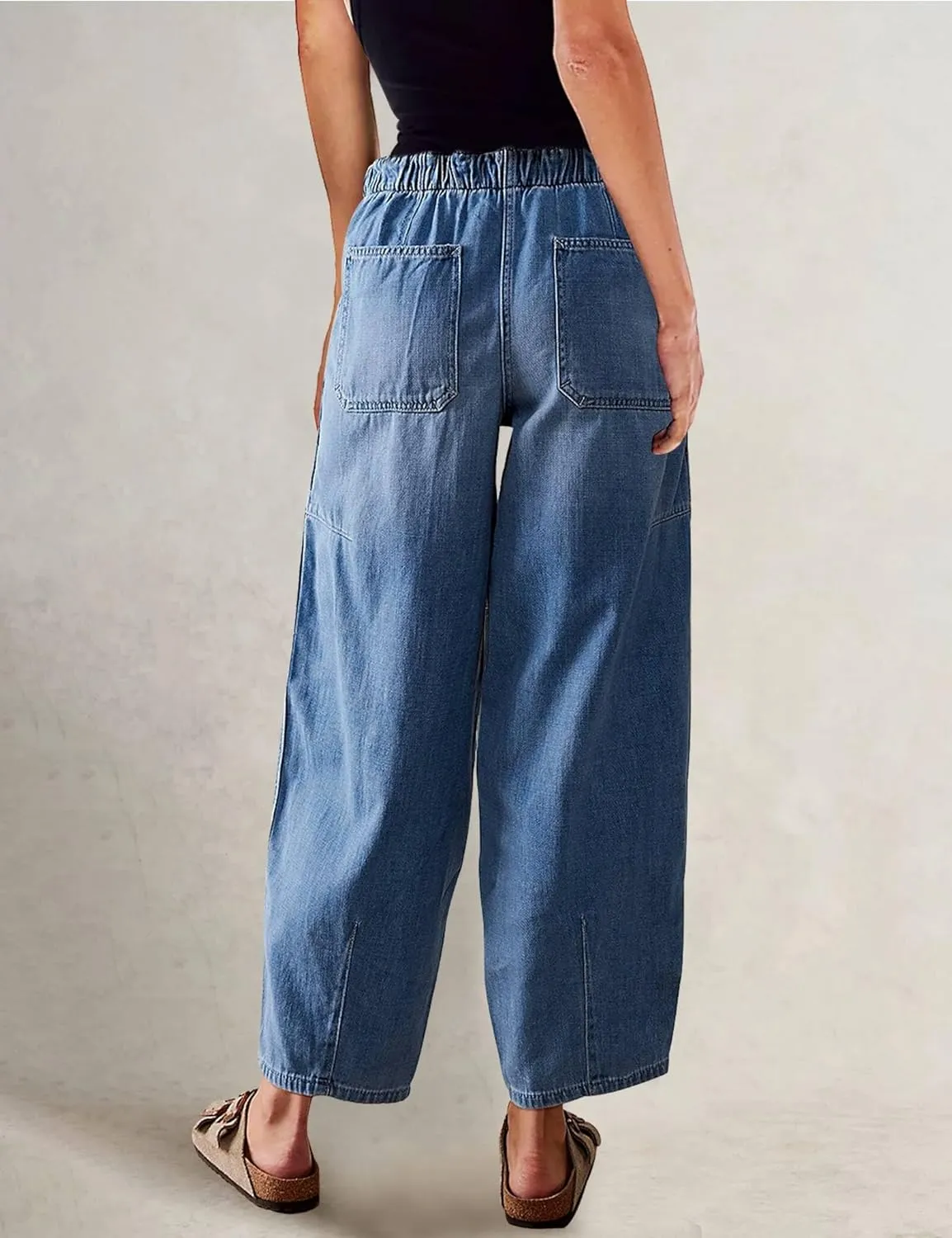 Barrel Jeans for Women Stretch Elastic Waist Pull-on Wide Leg Baggy Pants Lightweight Casual Crop Denim with Drawstring