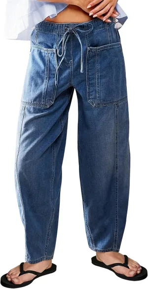 Barrel Jeans for Women Stretch Elastic Waist Pull-on Wide Leg Baggy Pants Lightweight Casual Crop Denim with Drawstring