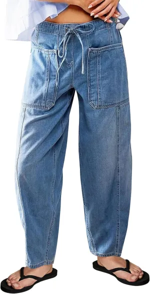 Barrel Jeans for Women Stretch Elastic Waist Pull-on Wide Leg Baggy Pants Lightweight Casual Crop Denim with Drawstring