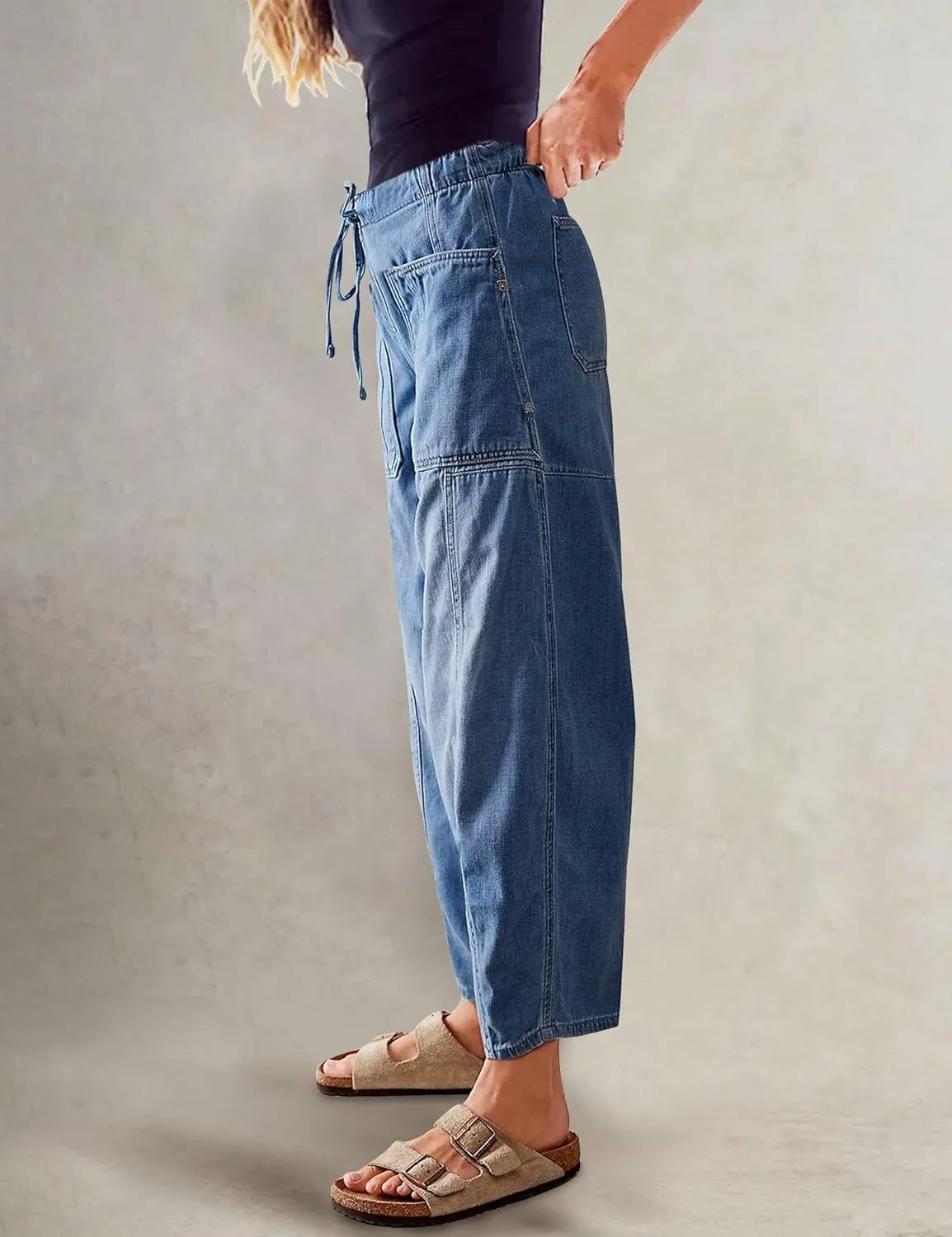 Barrel Jeans for Women Stretch Elastic Waist Pull-on Wide Leg Baggy Pants Lightweight Casual Crop Denim with Drawstring