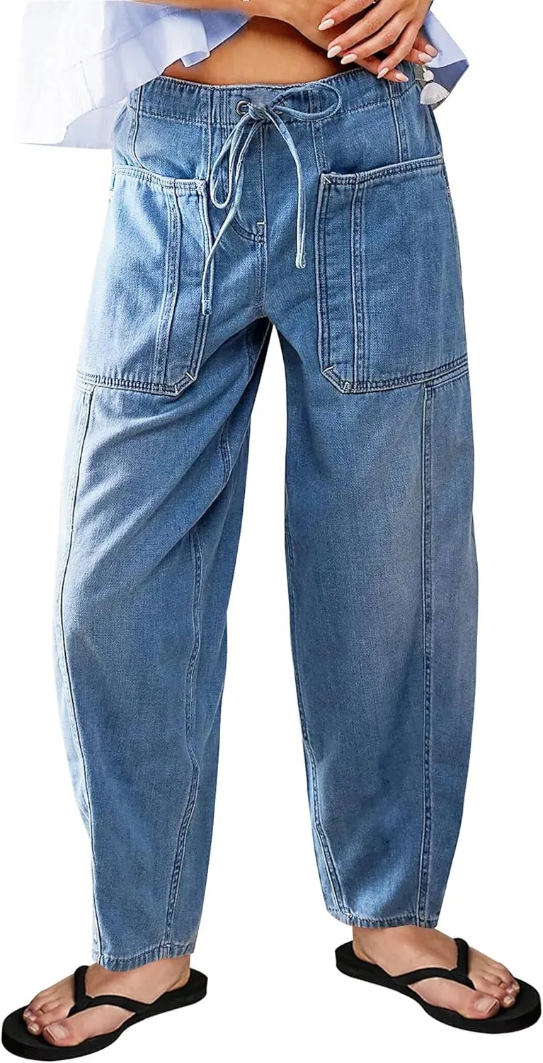 Barrel Jeans for Women Stretch Elastic Waist Pull-on Wide Leg Baggy Pants Lightweight Casual Crop Denim with Drawstring