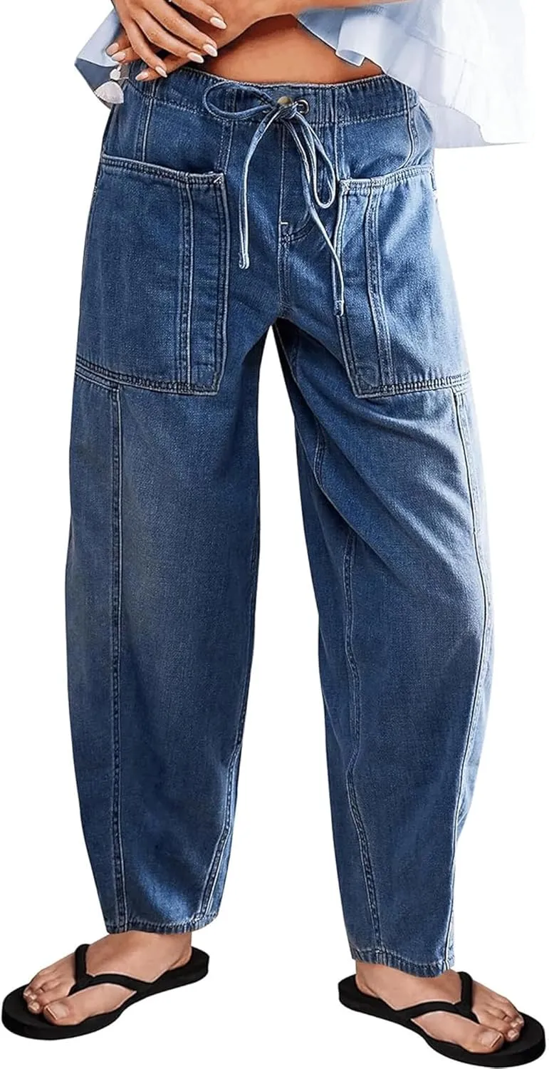 Barrel Jeans for Women Stretch Elastic Waist Pull-on Wide Leg Baggy Pants Lightweight Casual Crop Denim with Drawstring