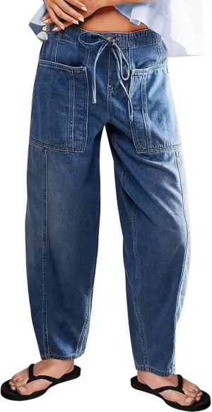 Barrel Jeans for Women Stretch Elastic Waist Pull-on Wide Leg Baggy Pants Lightweight Casual Crop Denim with Drawstring