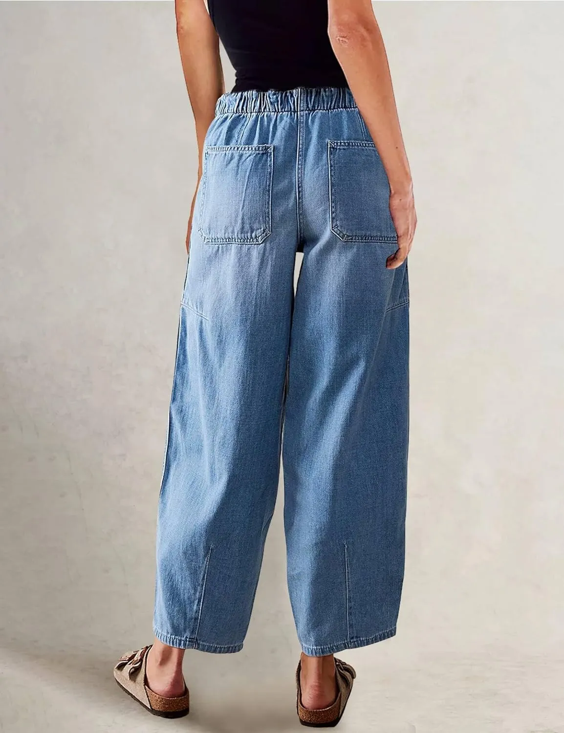 Barrel Jeans for Women Stretch Elastic Waist Pull-on Wide Leg Baggy Pants Lightweight Casual Crop Denim with Drawstring