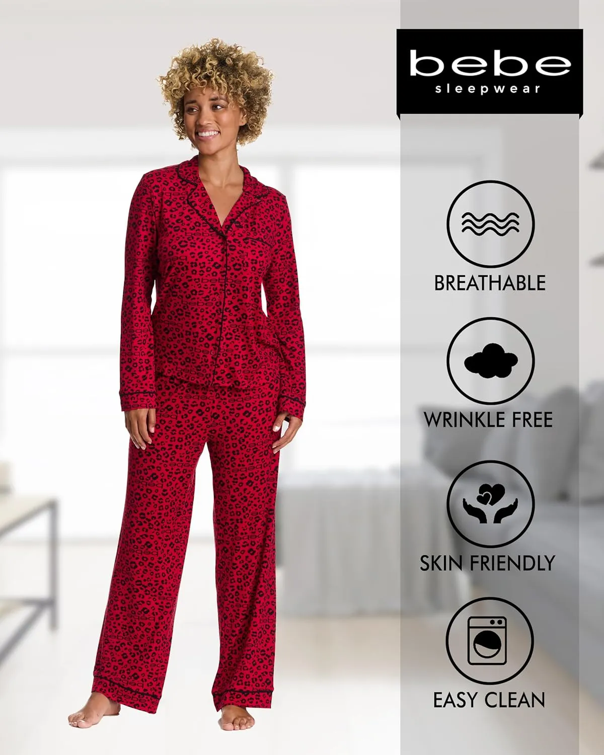 bebe Womens Pajama Sets - PJ Set for Women - Long Sleeve Button Down Shirt and Pamaja Pants Lounge Sleepwear Set