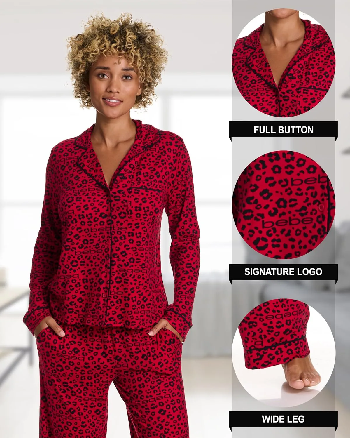 bebe Womens Pajama Sets - PJ Set for Women - Long Sleeve Button Down Shirt and Pamaja Pants Lounge Sleepwear Set
