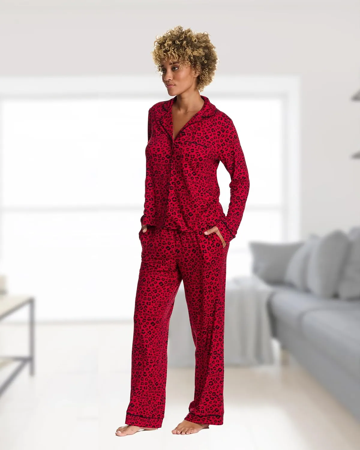 bebe Womens Pajama Sets - PJ Set for Women - Long Sleeve Button Down Shirt and Pamaja Pants Lounge Sleepwear Set