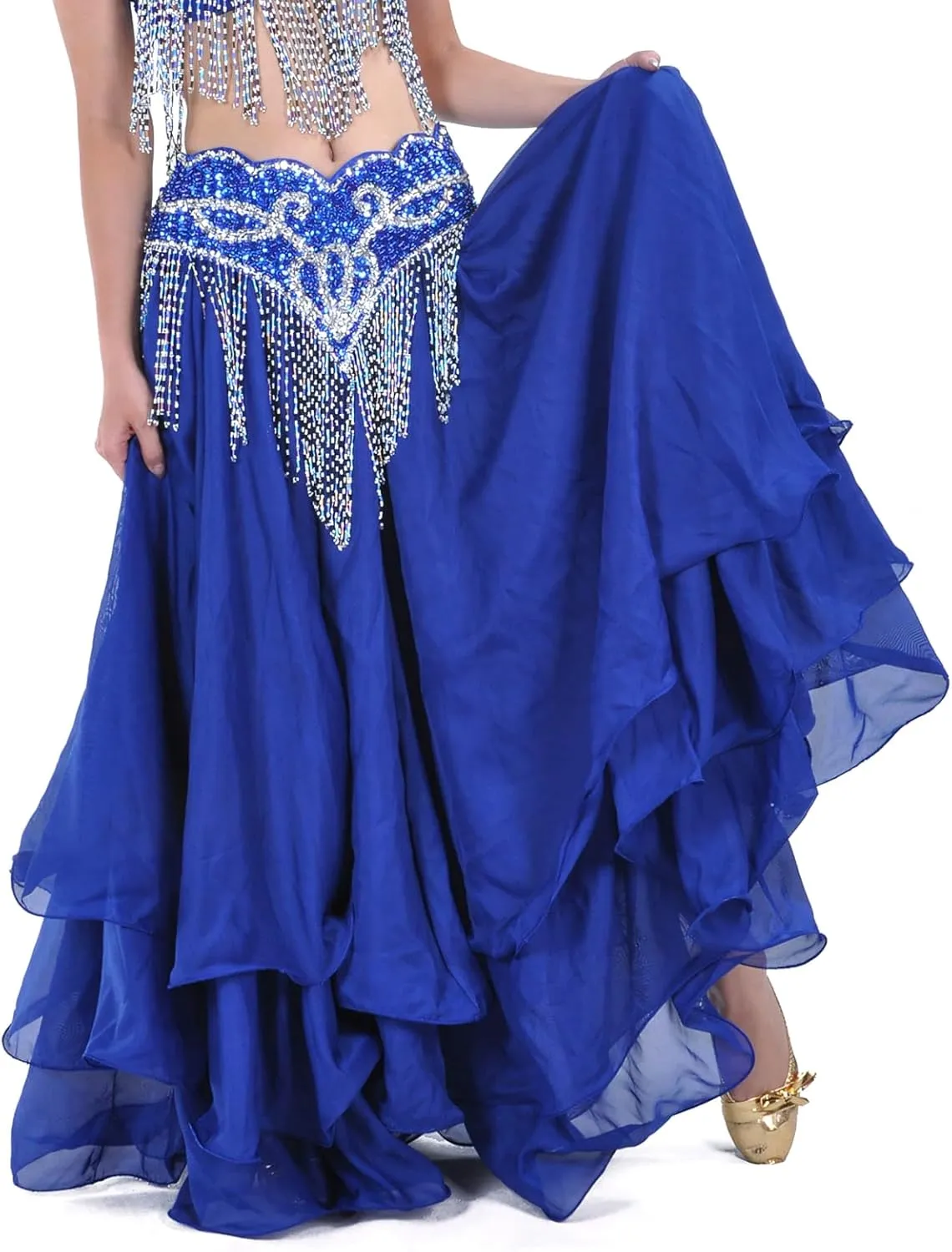 Belly Dance Skirt Halloween Tribal Chiffon Tiered Maxi Full Skirt 37.8 Inch Length