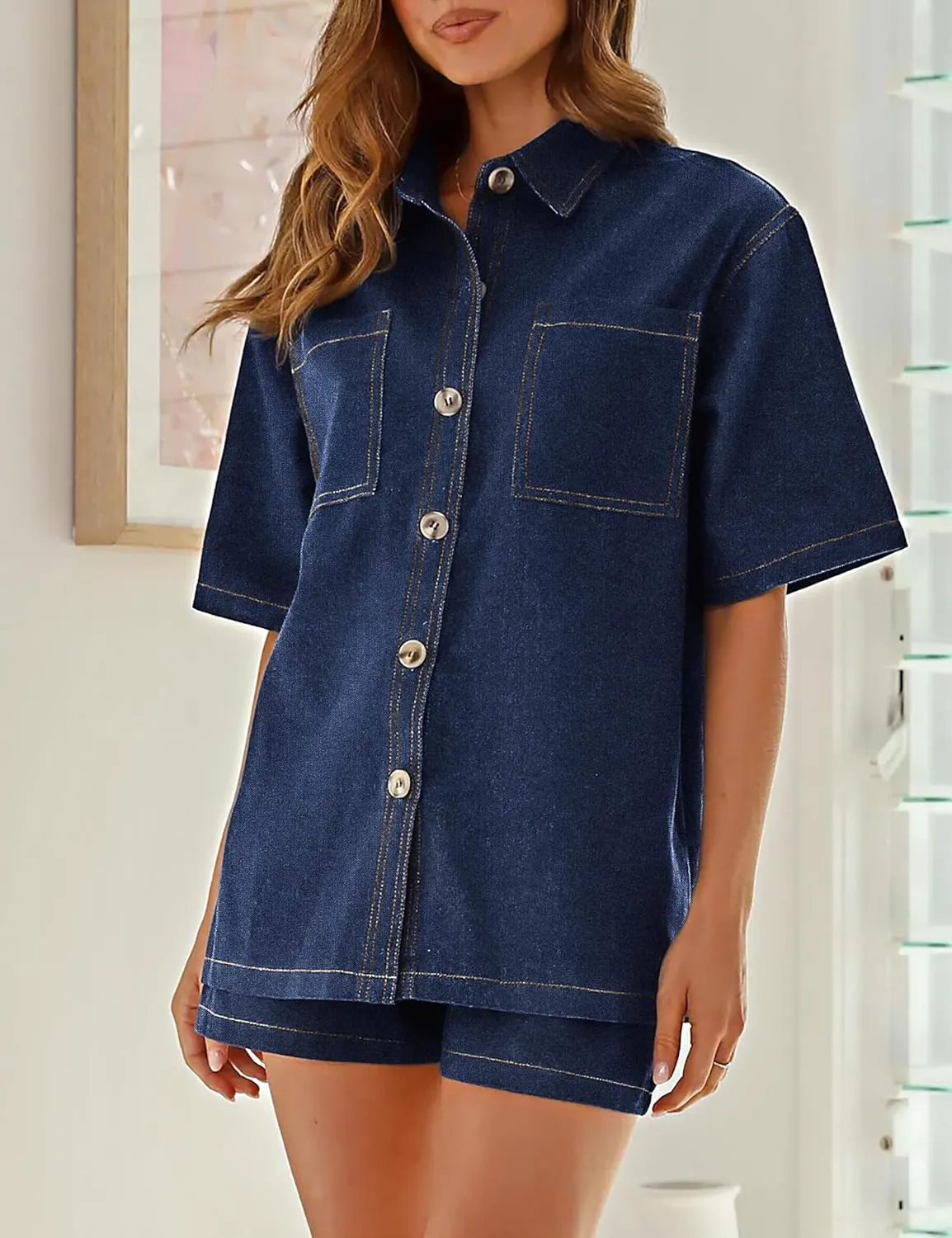 BISUAL Womens Denim Set Casual Short Sleeve Denim Top and jeans Shorts Lounge Sets Summer Two Piece Sets For Women Outfits