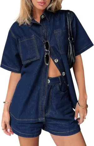 BISUAL Womens Denim Set Casual Short Sleeve Denim Top and jeans Shorts Lounge Sets Summer Two Piece Sets For Women Outfits