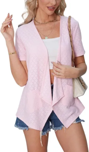 Blostirno Women's Short Sleeve Cardigan Open Front V Neck Lightweight Bolero Cropped Shrug Summer Hollow Out Tops with Pocket