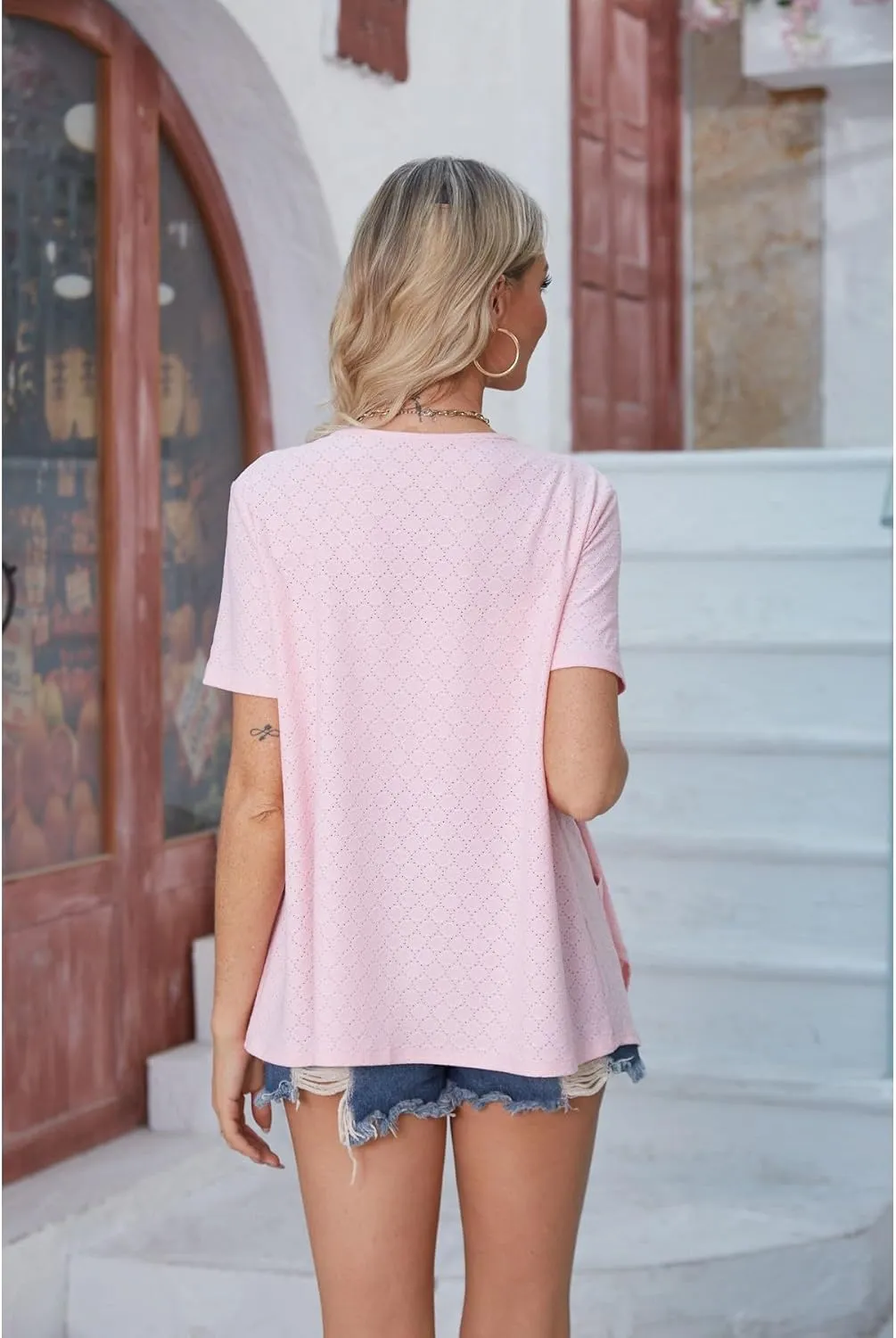 Blostirno Women's Short Sleeve Cardigan Open Front V Neck Lightweight Bolero Cropped Shrug Summer Hollow Out Tops with Pocket