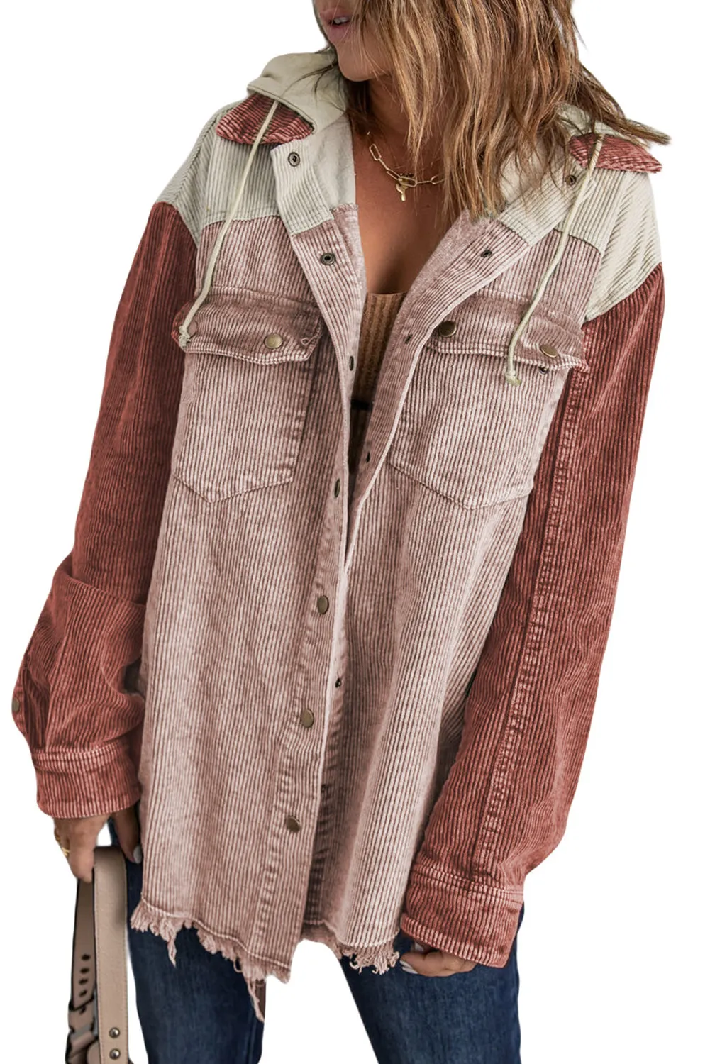 Brown Color Block Button Down Hooded Jacket