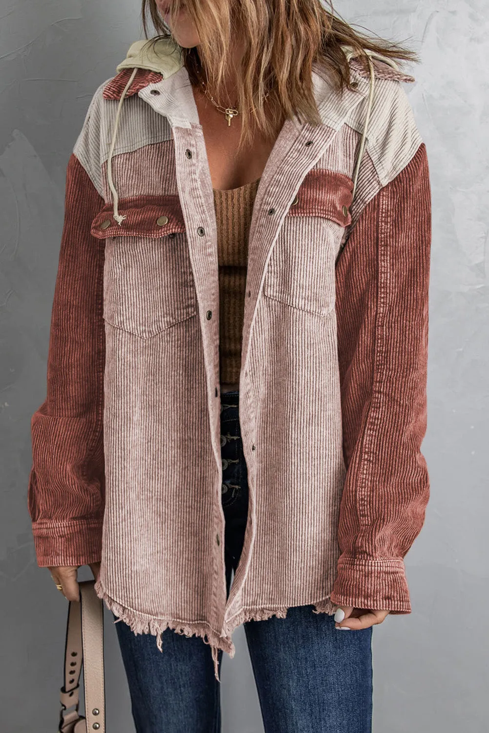 Brown Color Block Button Down Hooded Jacket