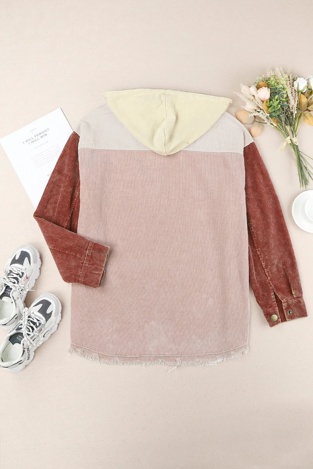 Brown Color Block Button Down Hooded Jacket