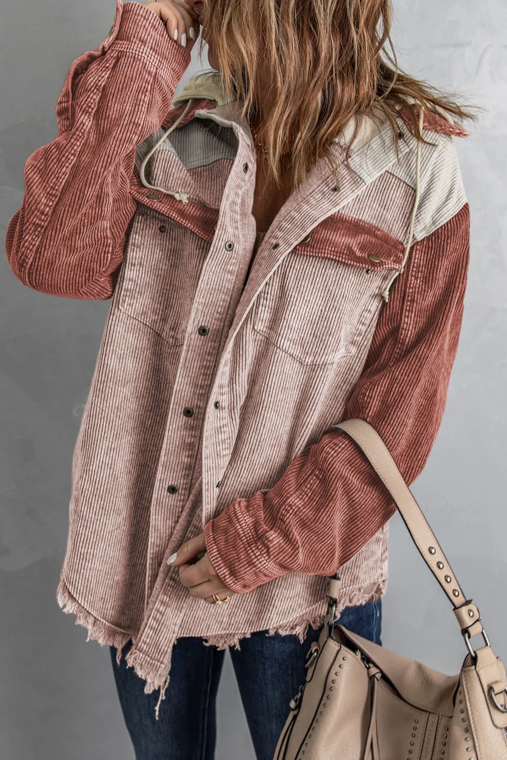 Brown Color Block Button Down Hooded Jacket