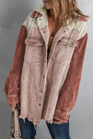 Brown Color Block Button Down Hooded Jacket
