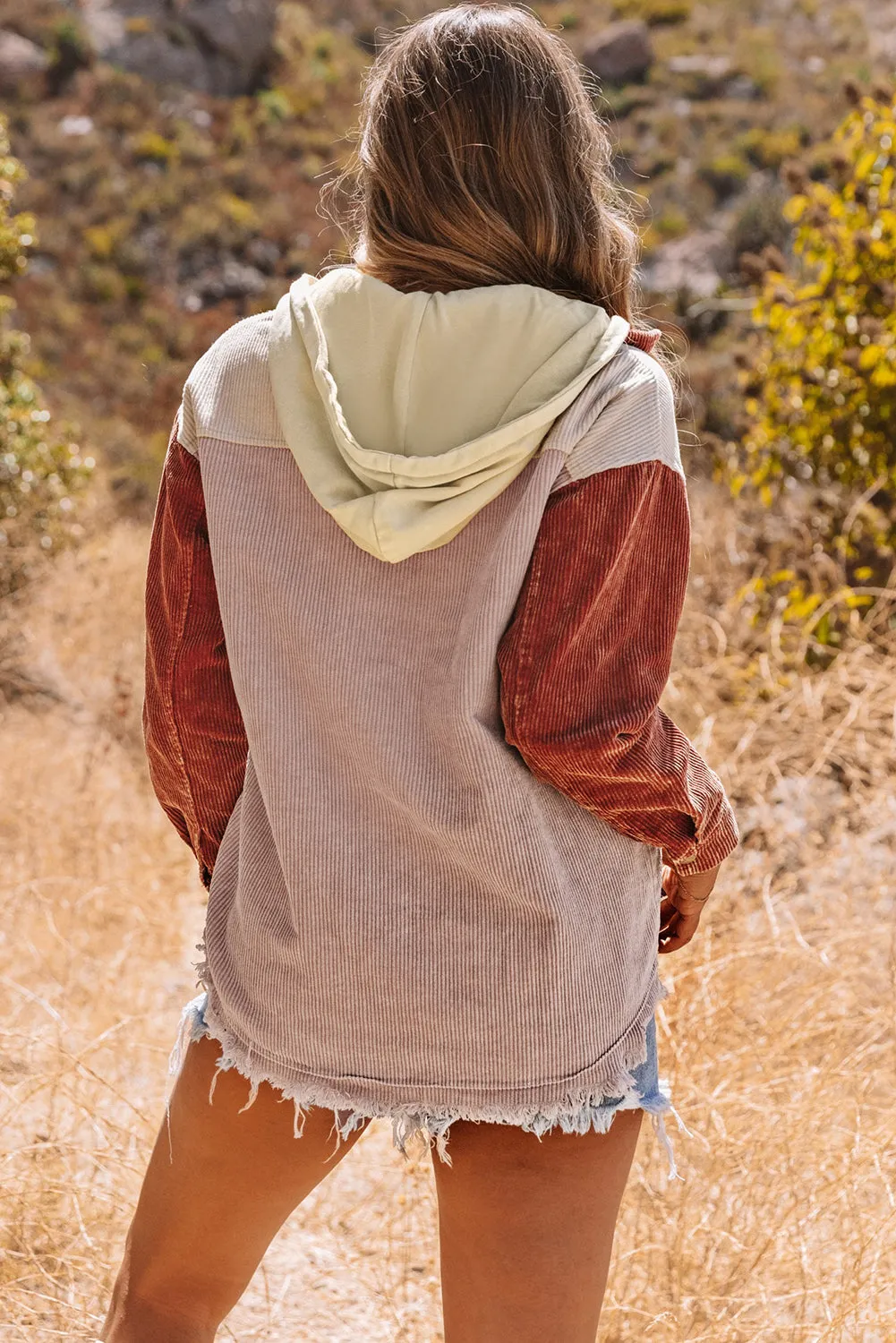 Brown Color Block Button Down Hooded Jacket
