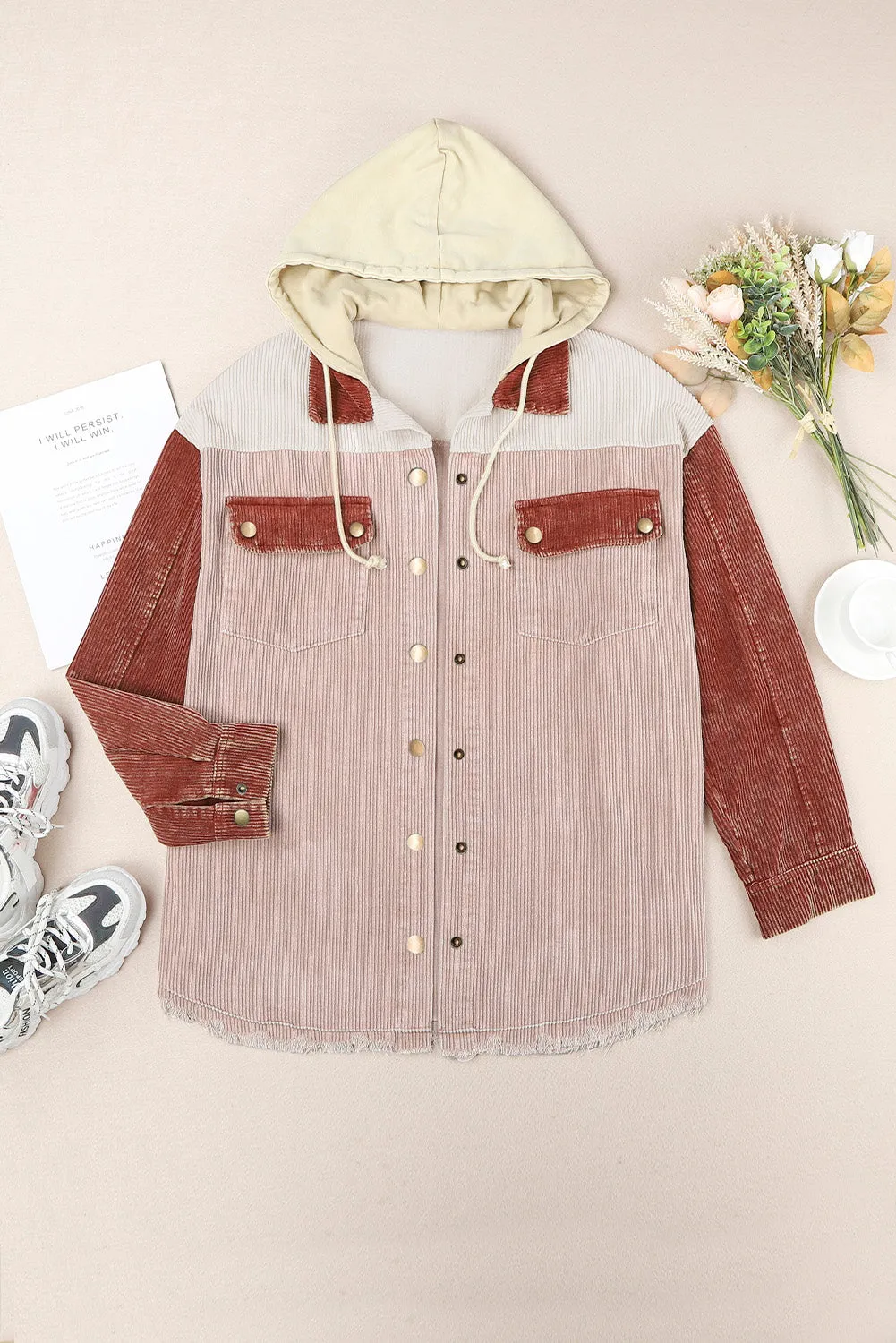 Brown Color Block Button Down Hooded Jacket