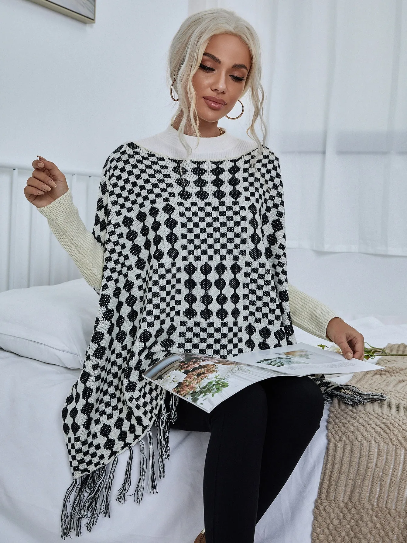 Casual Plaid Rib-Knit Half Sleeve Stand Collar Asymmetrical Regular Women Sweater