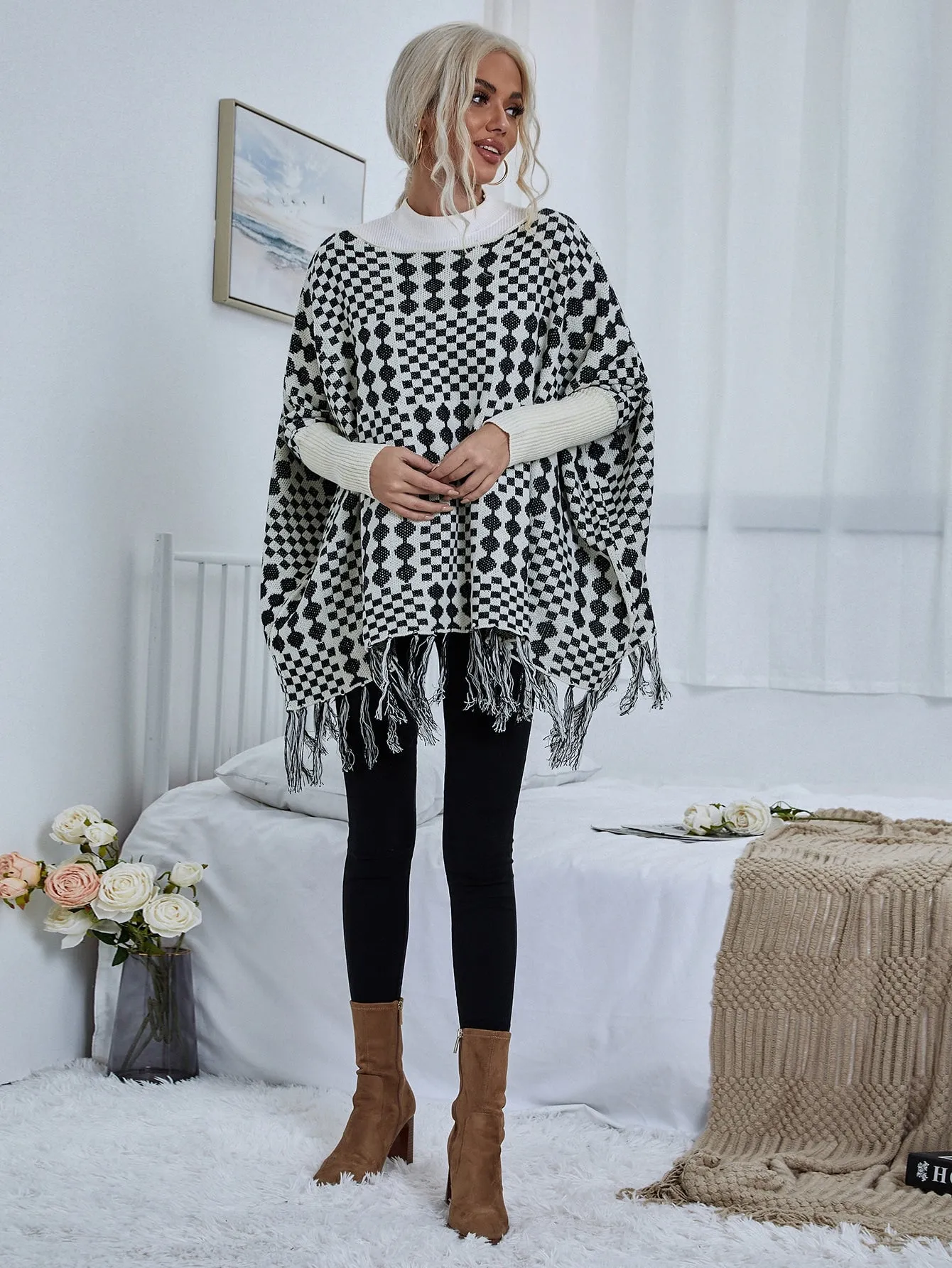 Casual Plaid Rib-Knit Half Sleeve Stand Collar Asymmetrical Regular Women Sweater
