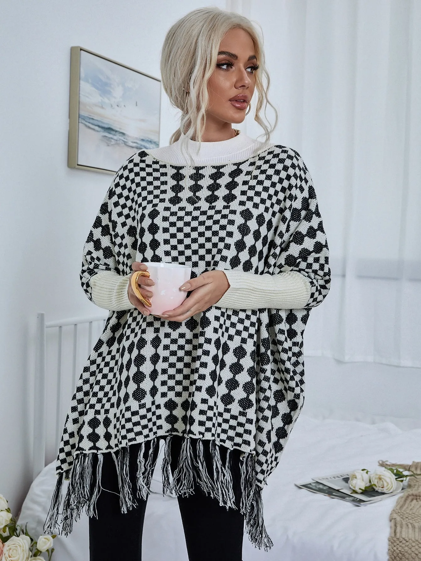 Casual Plaid Rib-Knit Half Sleeve Stand Collar Asymmetrical Regular Women Sweater