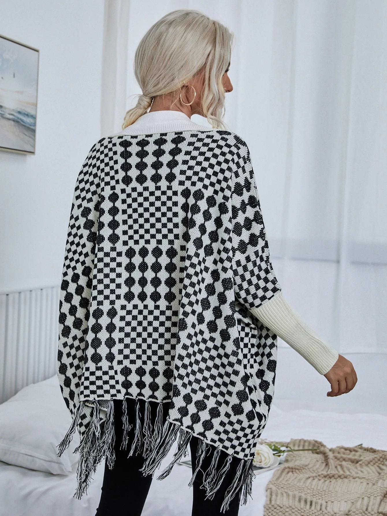 Casual Plaid Rib-Knit Half Sleeve Stand Collar Asymmetrical Regular Women Sweater