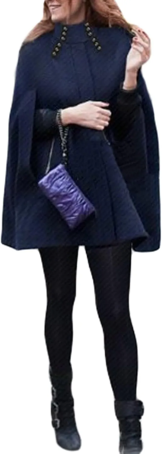 CHARTOU Women's Mock Neck Button Down Poncho Cape Woolen Pea Coat Cloak