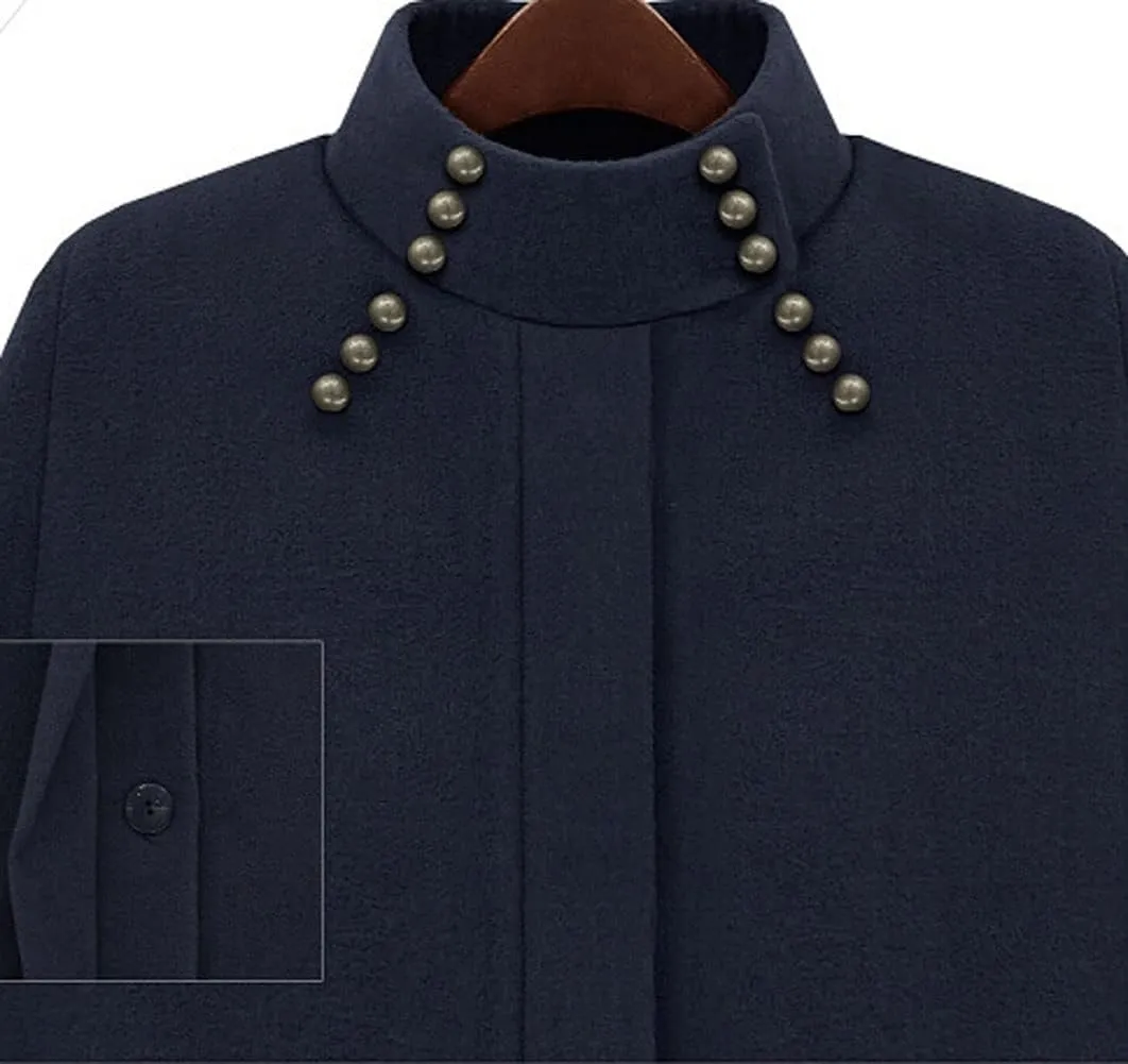 CHARTOU Women's Mock Neck Button Down Poncho Cape Woolen Pea Coat Cloak