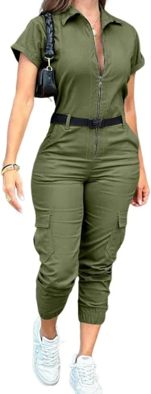 CHICME Women's Short Sleeve Jumpsuit Turn Down Collar Casual Zip Up Jumpsuits Pocket Design Cargo Romper
