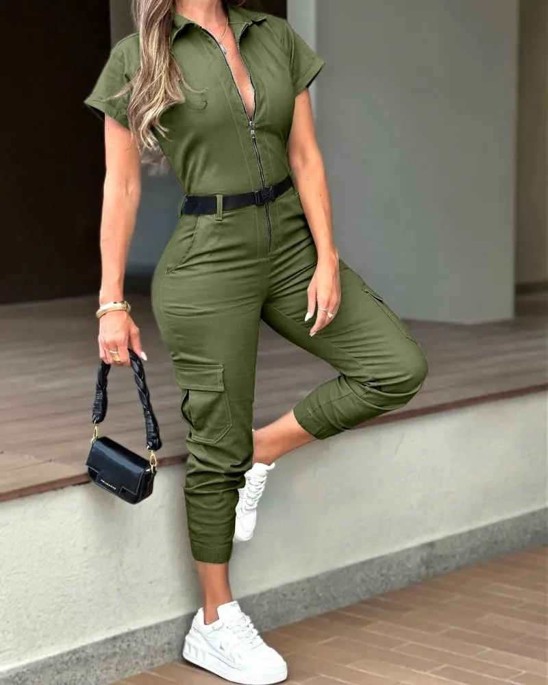 CHICME Women's Short Sleeve Jumpsuit Turn Down Collar Casual Zip Up Jumpsuits Pocket Design Cargo Romper
