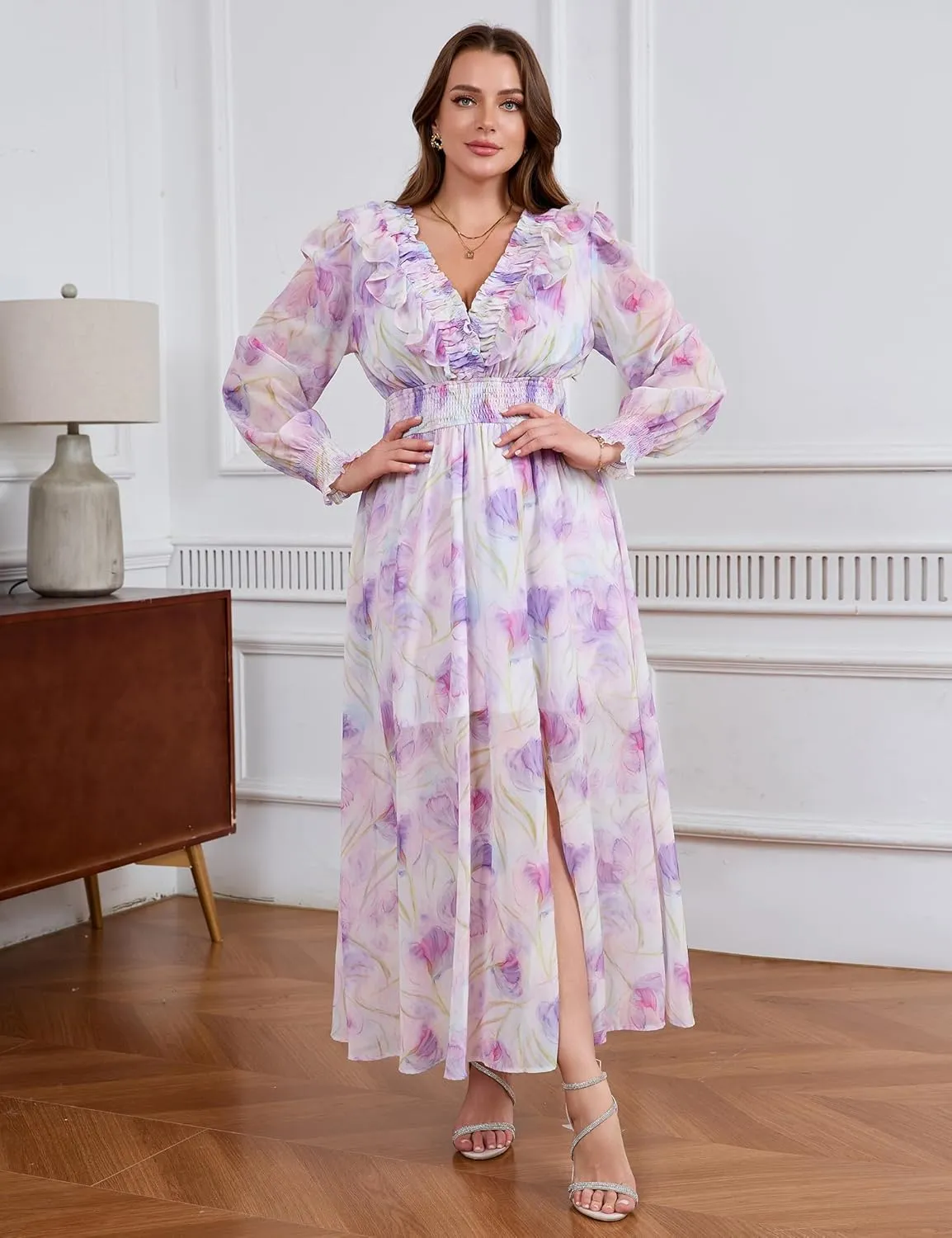 Chiffon Dresses for Women Deep V Neck Floral Long Sleeve Slit Evening Party Wedding Guest Dress