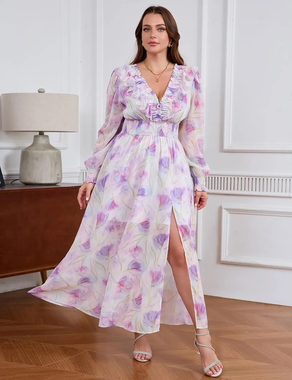 Chiffon Dresses for Women Deep V Neck Floral Long Sleeve Slit Evening Party Wedding Guest Dress