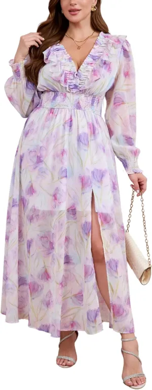 Chiffon Dresses for Women Deep V Neck Floral Long Sleeve Slit Evening Party Wedding Guest Dress
