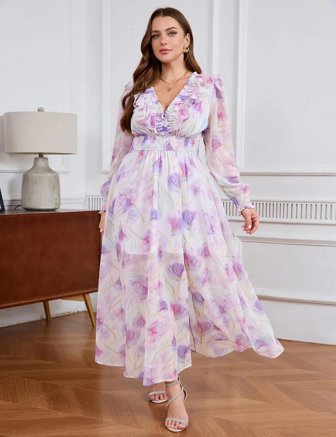 Chiffon Dresses for Women Deep V Neck Floral Long Sleeve Slit Evening Party Wedding Guest Dress