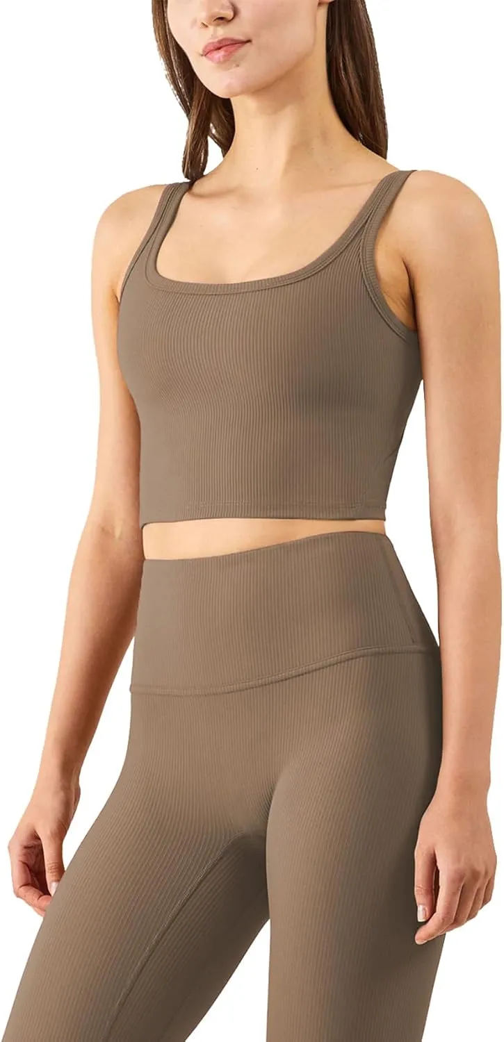 Chilylori Women's Seamless Sports Bra Workout Crop Top Ribbed Padded Longline Wirefree Medium Support Tank Tops Fitness