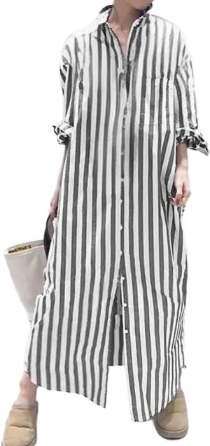 chouyatou Women's Long Sleeve Striped Shirt Dress Business Casual Beach Maxi Long Button Down Dress