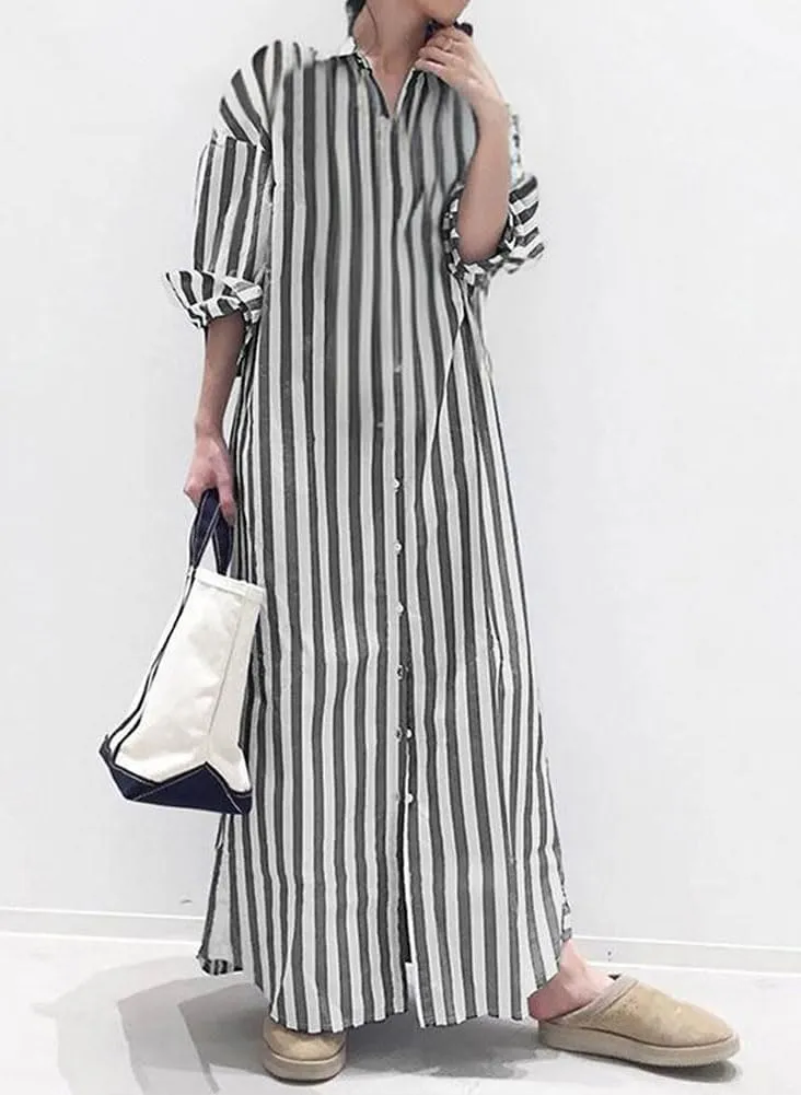 chouyatou Women's Long Sleeve Striped Shirt Dress Business Casual Beach Maxi Long Button Down Dress